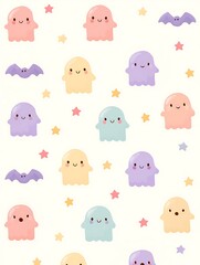 Cute Kawaii Seamless Pattern with Ghosts for Halloween