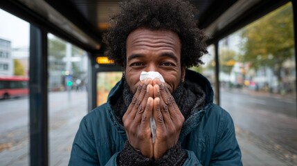 A man with a beard covering his mouth while wiping his nose with a tissue.
