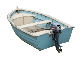 Light blue rowboat with motor isolated on transparent background, small wooden boat for fishing and recreation