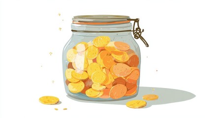 A coin jar clipart, savings element, flat cartoon illustration, warm pastel, isolated on white background. 