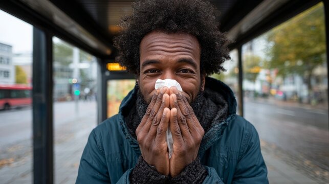 A man with a beard covering his mouth while wiping his nose with a tissue.