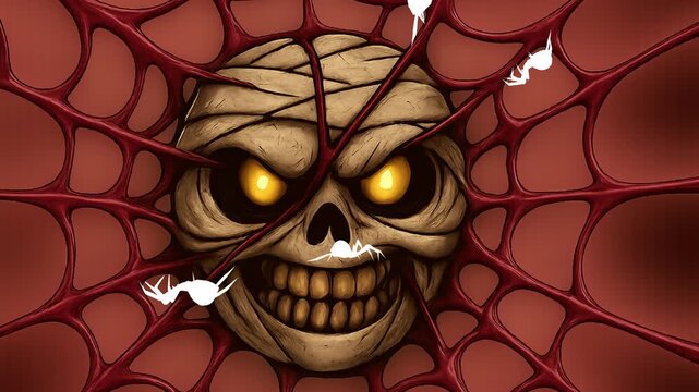 Halloween Mummy Spider Web &ndash; Creepy wrapped skull face tangled in red webs with crawling spiders. Perfect for spooky intros, horror titles, and Halloween party animations.