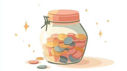 A coin jar clipart, savings element, flat cartoon illustration, warm pastel, isolated on white background. 