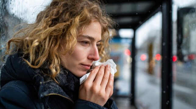 Woman at bus stop during rainy day.