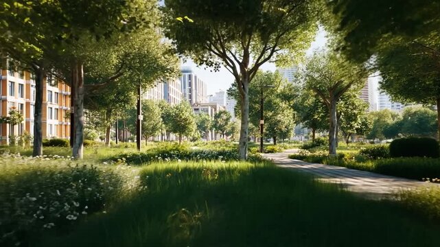An urban park with lush trees and green spaces, a scene of urban forestation and green corridor.