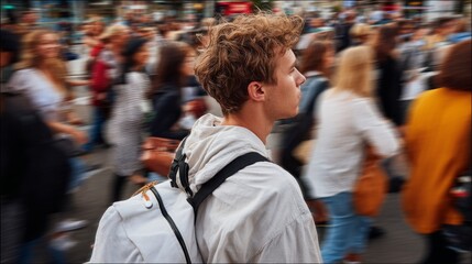 Man walking down busy city street with blurred background of pedestrians.