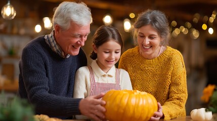 Fototapeta premium Multigenerational Family Setting Up Halloween Home Decor