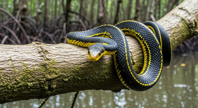 Black and Yellow Snake Coiled on Mossy Branch in Mangrove Forest