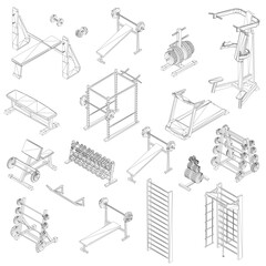 A detailed set of gym equipment sketches on a white background includes a barbell, dumbbells, and weight plates for low poly design concepts. Isometric view. 3D