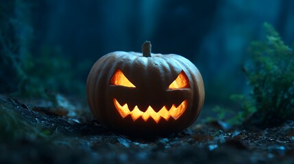 Naklejka premium Classic Jack-o'-Lantern with a Carved Face Glowing in the Dark forest