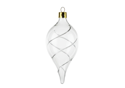 Elegant clear glass Christmas ornament isolated, teardrop shape with spiral design for holiday decoration on transparent background