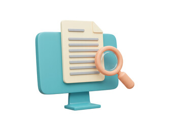 3D render of a computer monitor with document and magnifying glass isolated, search concept for website and graphic design PNG