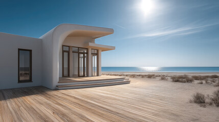 Fototapeta premium Modern house with large glass windows and wooden deck overlooks serene beach under bright sunlight, creating peaceful coastal atmosphere