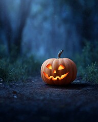 Classic Jack-o'-Lantern with a Carved Face Glowing in the Dark forest