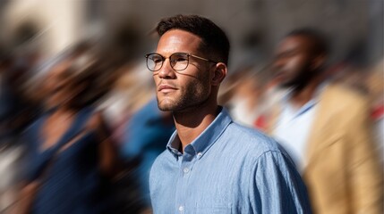 Fototapeta premium Man walking down street.