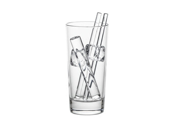 Clear glass with ice cubes and glass straws isolated, refreshing drinkware for cocktails and beverages