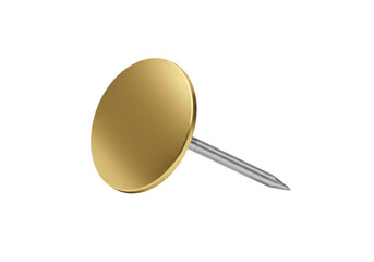 Isolated gold map tack with silver needle against a clear backdrop for marking locations