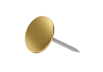 Isolated gold map tack with silver needle against a clear backdrop for marking locations