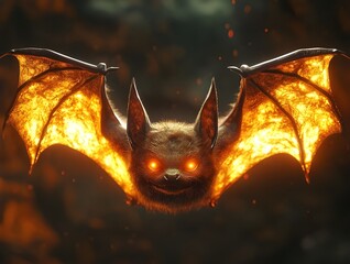  fantasy glowing bat creature flying orange illuminated wings magical mystical animal dark atmospheric supernatural concept