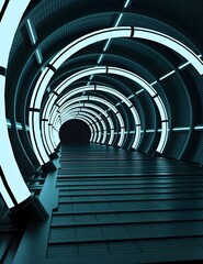 futuristic blue illuminated tunnel corridor perspective technology science fiction architecture interior design modern