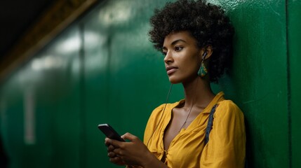 Woman using cell phone in subway station