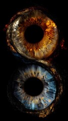 macro close up of human eyes showing brown and blue iris detail with natural texture for vision and genetics concept