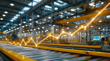 Industrial Progress: A dynamic perspective of a factory environment, accentuated by a rising graph, visualizing innovation and manufacturing efficiency. The imagery suggests growth and progress.