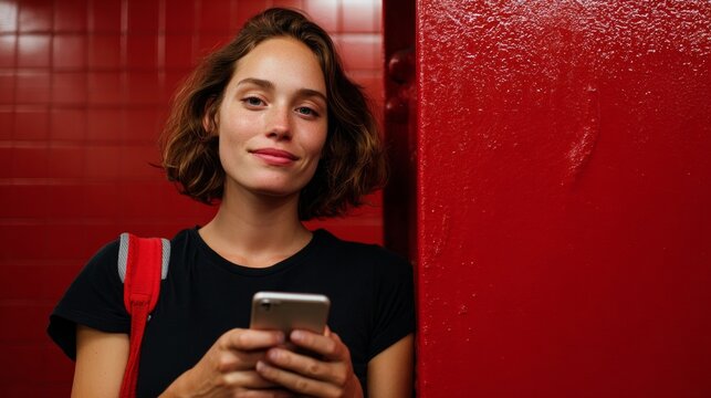 Woman holding phone leaning against red wall. - Powered by Adobe