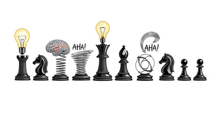 Chess pieces with lightbulbs, brain, tornado, sphere and arrow on a black background render
