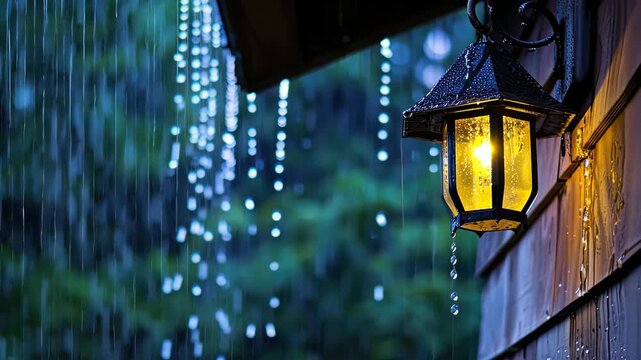 Warm light glows from a lantern as heavy rain pours down, creating a serene atmosphere at twilight