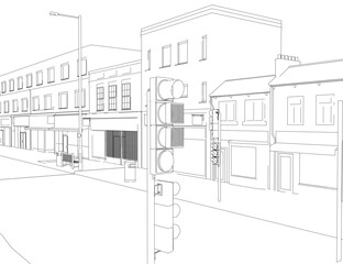 Black and white contour drawing of a town street with buildings, windows, street poles, and traffic lights. The clean white background emphasizes the graphic line art style.