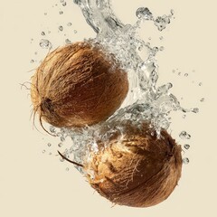Two Brown Coconuts Splashing Clear Water Against Beige Background
