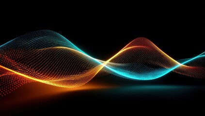 Abstract Wavy Light Trail with Orange and Blue Dots on Black Background