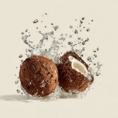 Two Brown Spheres with White Interior Surrounded by Water Splash on Light Beige Background