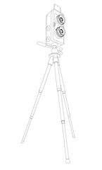 Black and white contour drawing of a camera on a tripod, featuring detailed lens, handle, and body with realistic 3D effect lines.