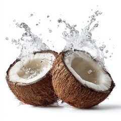 Two Coconut Halves Exploding Water Spray Against White Background
