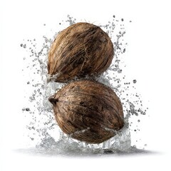 Two Coconuts Exploding With Water Splash Isolated Against White Background Studio Shot