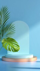 Obraz premium Elegant photo of minimal podium scene with tropical leaves on blue background for product display.