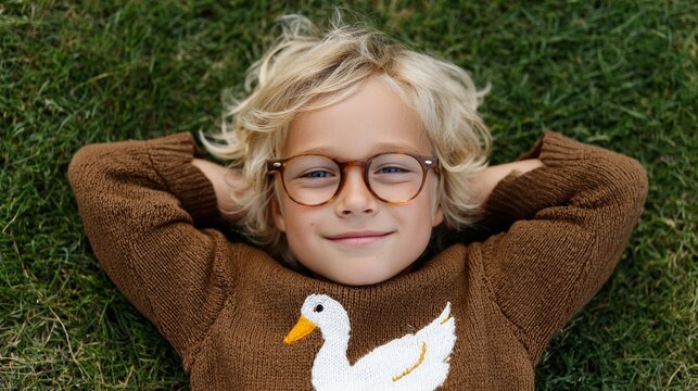 Boy in glasses lying on grass. - Powered by Adobe