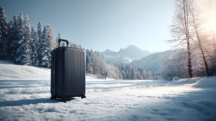 Modern black suitcase on snowy forest path, winter travel adventure concept symbolizing journey, vacation, tourism, exploration, and cold season trip