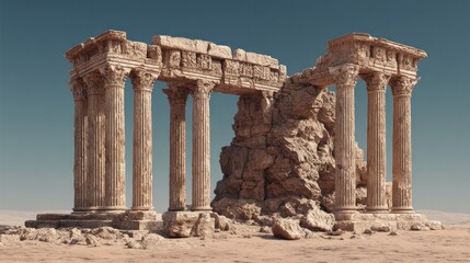 Obraz premium Ancient Greco-Roman Ruins with Partially Collapsed Stone Columns and Architectural Remnants in a Desert Landscape Under Clear Sky