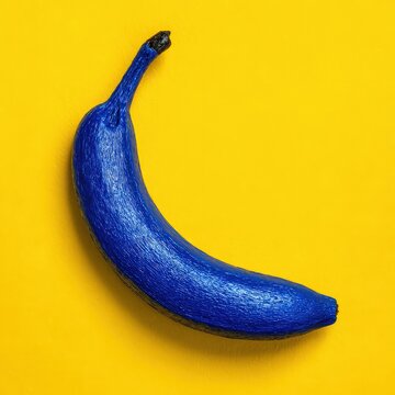 Single Blue Banana on Bright Yellow Background Studio Shot