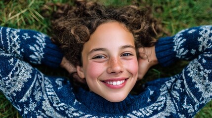 Woman lying down smiling in grassy field wearing blue sweater.
