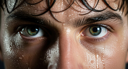 Close-up of a soccer player's intense eyes with messy wet hair.