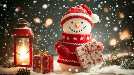 Obraz premium Christmas Snowman with Gifts in Snowy Scene