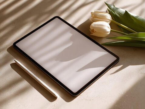 Digital tablet with stylus and white tulip flower on beige surface, creative workspace background for design, planning, or modern technology concept