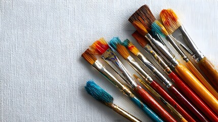 Top view of colorful paintbrushes arranged on white background, art and creativity tools for painting, drawing, design, and artistic inspiration concept