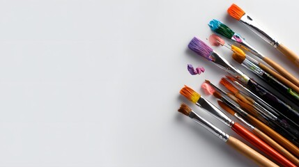 Top view of colorful paintbrushes arranged on white background, art and creativity tools for painting, drawing, design, and artistic inspiration concept