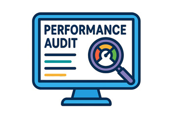 Performance audit screen on monitor with magnifying glass illustration