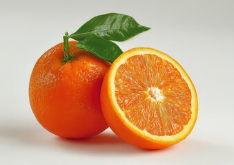 Two Fresh Oranges with Green Leaves on White Background